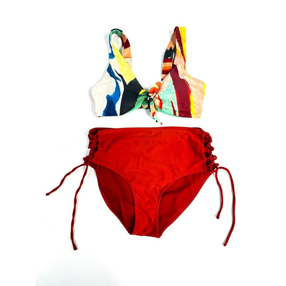 TIME AND‎ TRU High Waist 2-Piece Bikini Set Size S Multicolor Bra Orange Bottoms